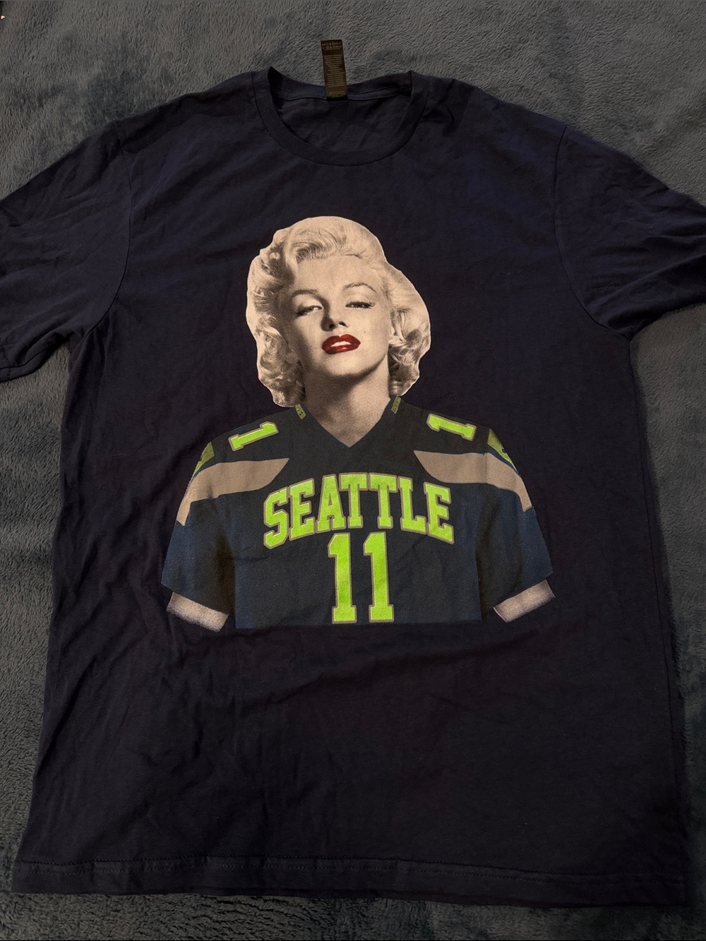 Gildan Navy T-Shirt with Marilyn Seattle Graphic and Neon Green Accents